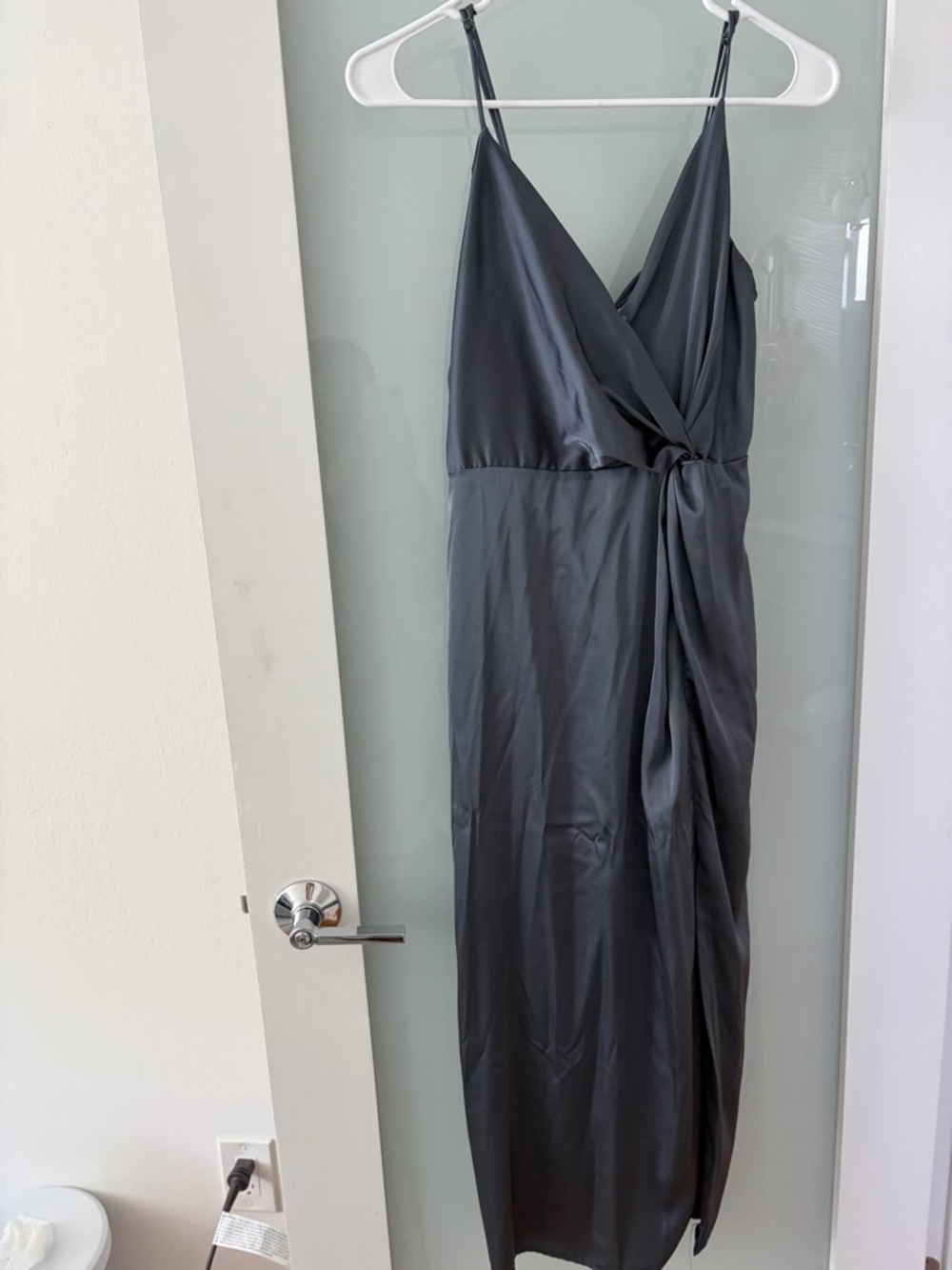Astr Blue Gray Satin Wrap Midi Dress with Side Tie